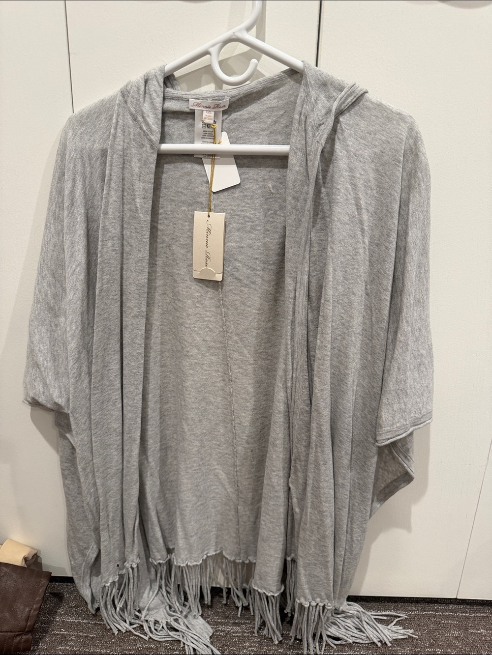 Minnie Rose Light Gray Fringe Hooded Open Poncho